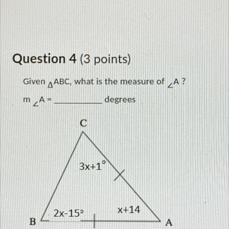 Given triangle ABC what is the measure of angle A?-example-1