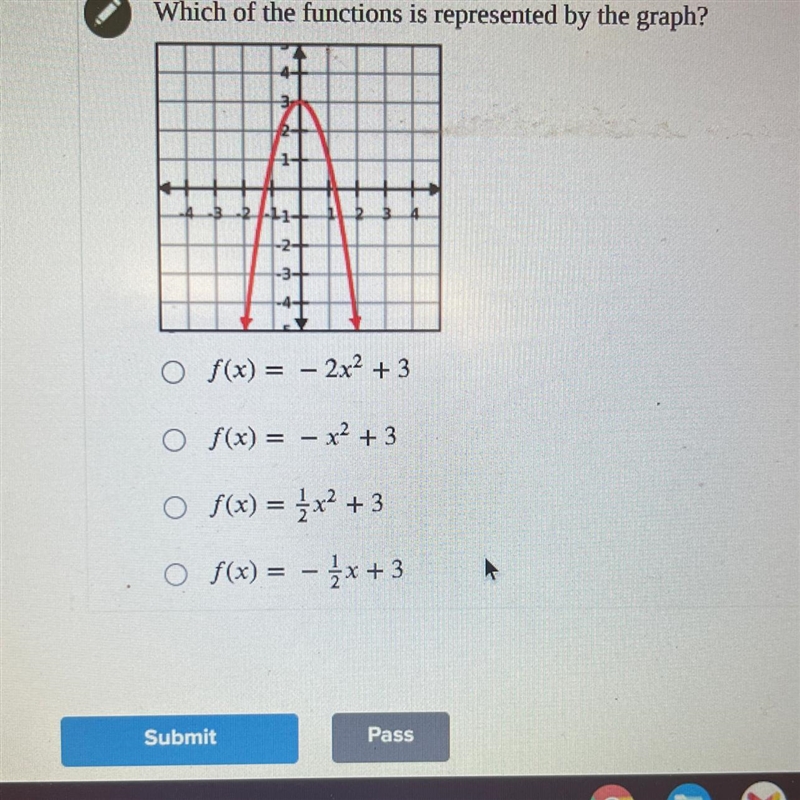 Which of the functions is represented by the graph O f(x)=2x²+3 O f(x) = -x² + 3 O-example-1