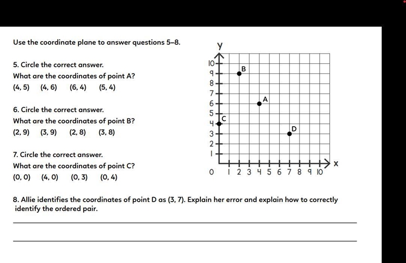 Allie identifies the coordinates of point D as (3, 7). Explain her error and explain-example-1