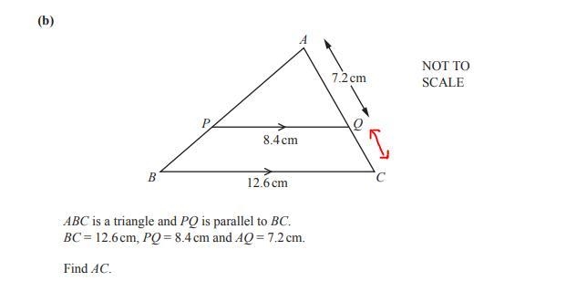 ABC is a triangle and PQ is parallel to BC. BC = 12.6 cm, PQ = 8.4cm and AQ = 7.2 cm-example-1