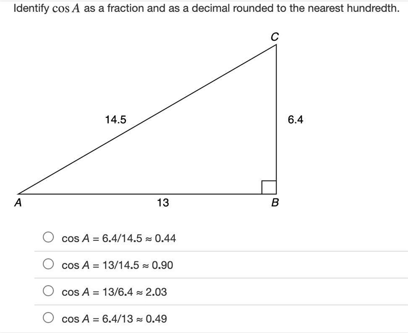 Identify cosA as a fraction and as a decimal rounded to the nearest hundredth.-example-1