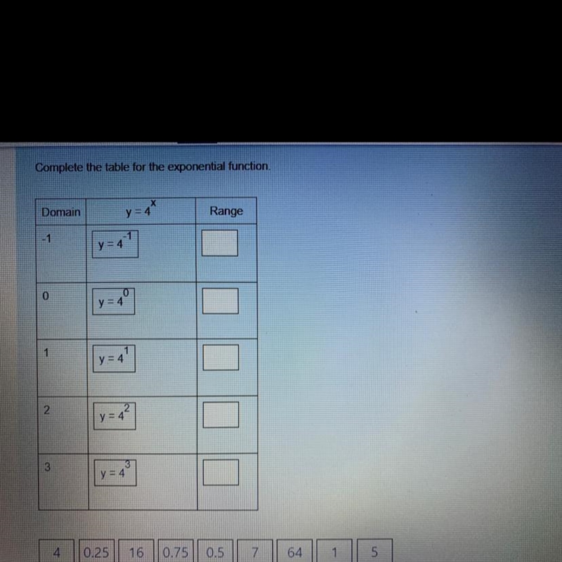 Complete the table for the exponential function. Help asap-example-1