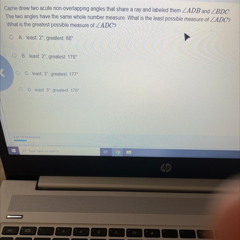 Carrie drew two acute non-overlapping angles that share a ray and labeled them LADB-example-1