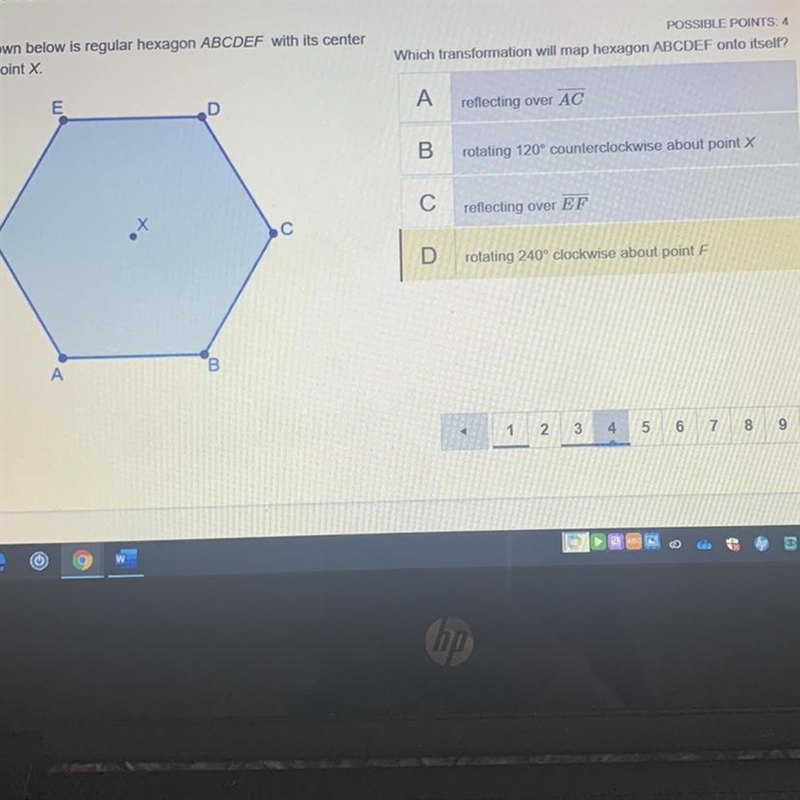 Shown below is regular hexagon ABCDEF with its centerat point XPOSLE POINTSWhich transformation-example-1