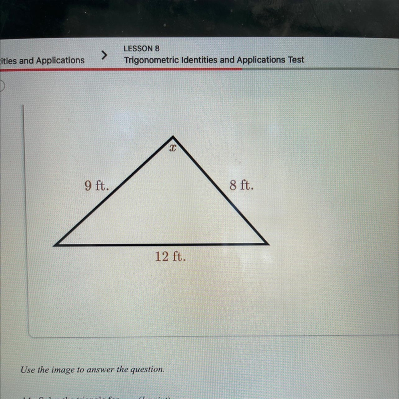 URGANT PLEASE HELP!! Solve the triangle for x. (1 point) A) 41.8° B) 89.6° C) 48.6° D-example-1