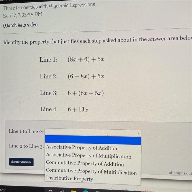 Identify the property that justifies each step asked about in the answer area below-example-1