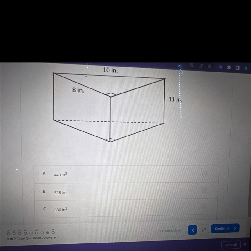 Give the volume of the triangular prism shown A-440in^3 B-528in^3 C-880in^3 D-264in-example-1