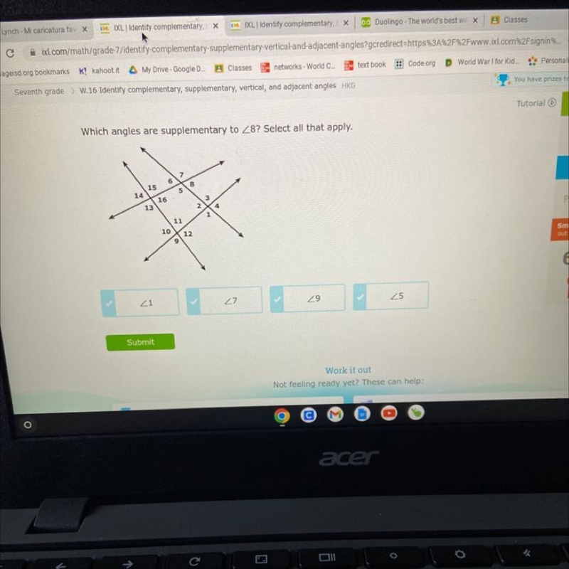 Which angles are supplementary to <8? Select all that apply-example-1