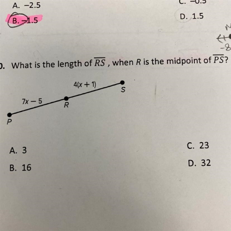 10. What is the length of RS, when R is the midpoint of PS? PR: 7x - 5 RS: 4(x + 1) A-example-1