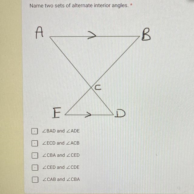 Name two sets of alternate interior angles-example-1