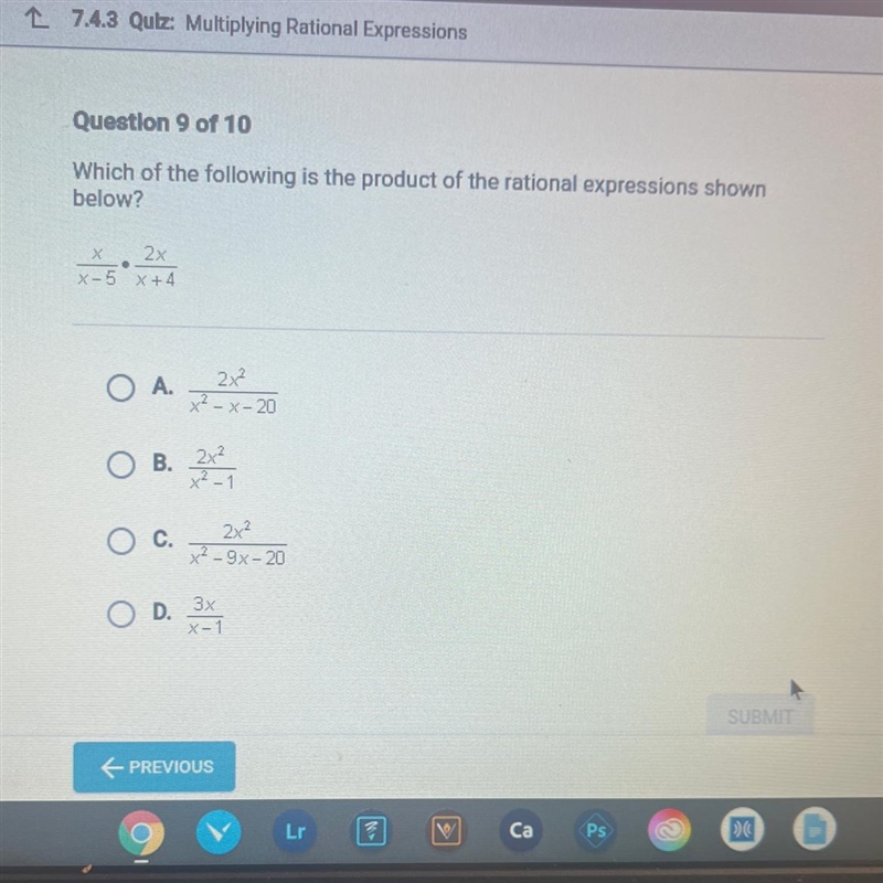 What is the product of the fraction below x/x-5 * 2x/x+4-example-1