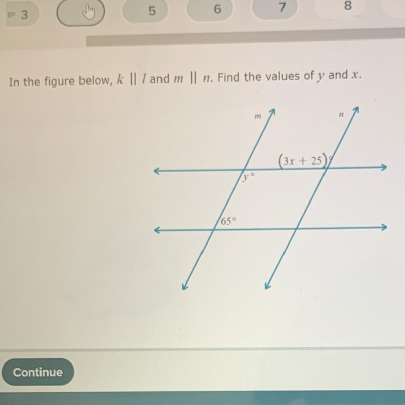 In the figure below, k || l and m || n. Find the values of y and x.-example-1