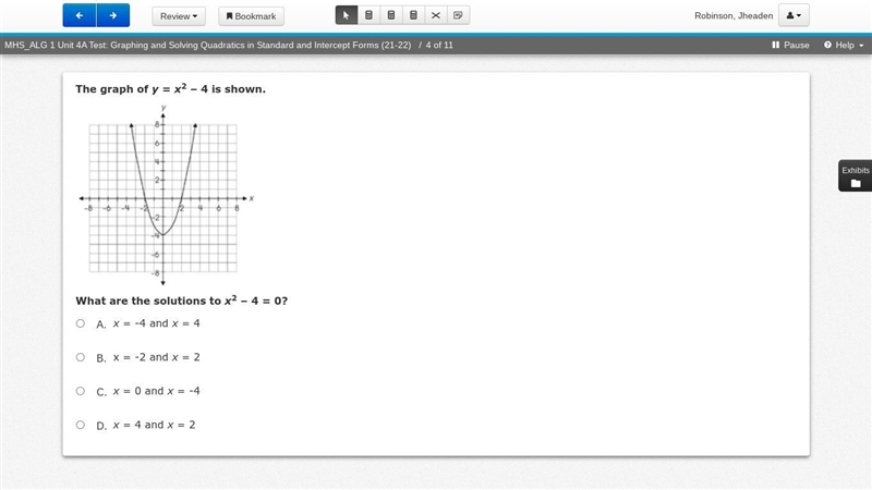 The graph of y = x2 – 4 is shown... What are the solutions to x2 – 4 = 0?-example-1