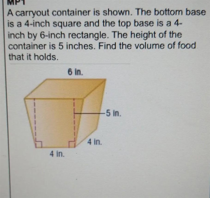 a carry-out container is shown. The bottom base is a 4in square and the top base is-example-1