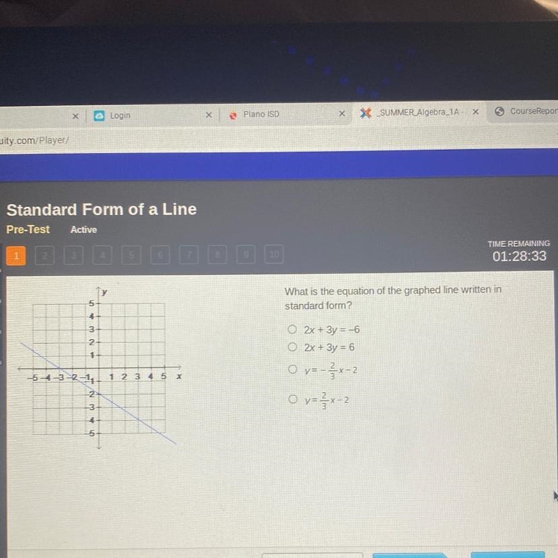 What is the equation of the graphed line written in standard form? 1. 2x + 3y = -6 2. 2x-example-1