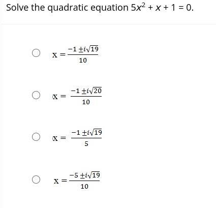 Solve the quadratic equation 5x^2+x+1=0-example-1