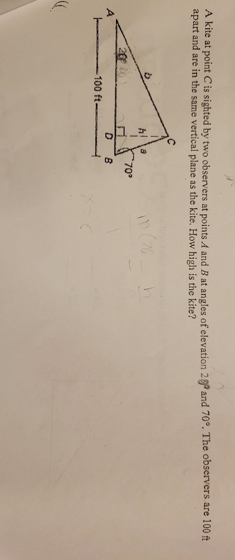5. A kite at point C is sighted by two observers at points A and B at angles of elevation-example-1