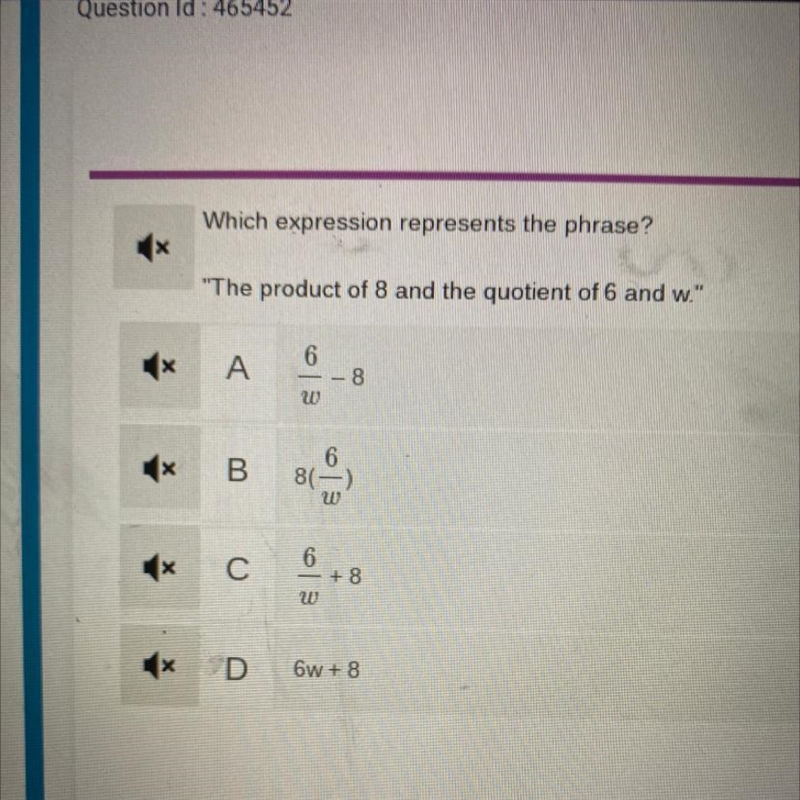 Which expression represents the phrase? “The product of 8 and the quotient of 6 and-example-1