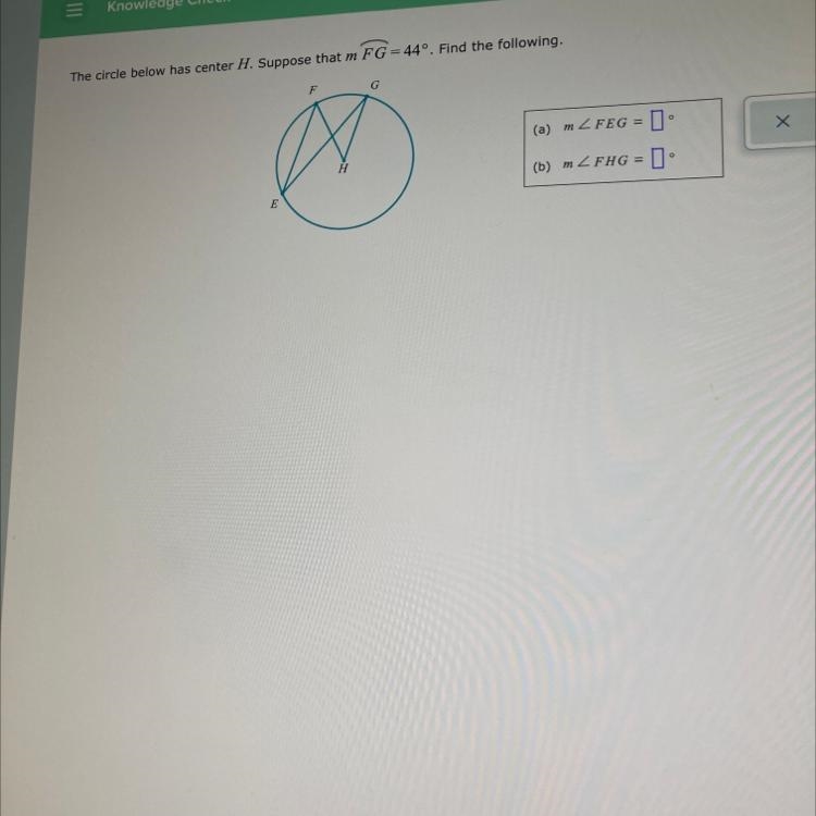 The circle below has center H. Suppose that m FG = 44°. Find the following.-example-1