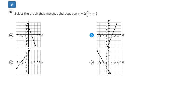 Select the graph that matches the equation y = 2 4 7 x − 3.-example-1