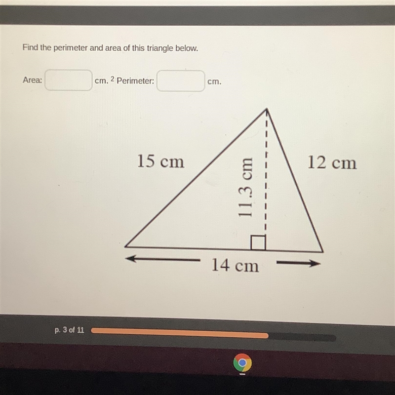 Find the perimeter and area of this triangle below. Area: Perimeter:-example-1