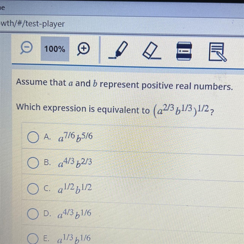 Which is equivalent to ( a^2/3 b ^1/3) ^1/2-example-1