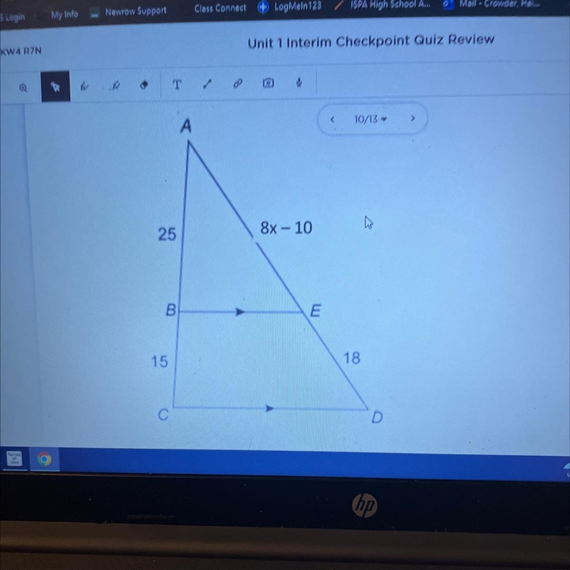 8x - 10 25 B E 18 15 с D Solve for x-example-1