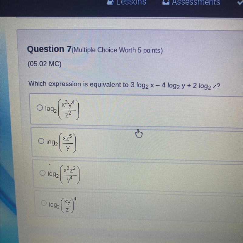 Question 7(Multiple Choice) (05.02 MC) Which expression is equivalent to 3 log2 x-example-1