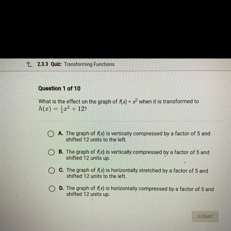 Question 1 of 10 What is the effect on the graph of f(x) = x² when it is transformed-example-1