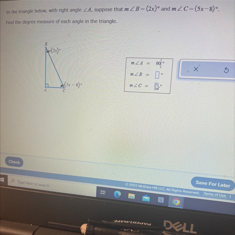In the triangle below, with right angle ZA, suppose that m B = (2x)° and mC = (5x-example-1