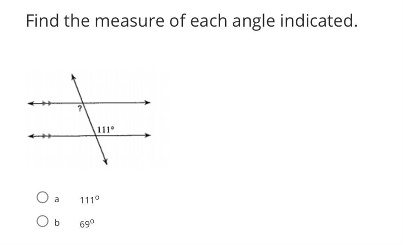 Find the measure of each angle indicated. A. 111 degree B. 69 degree Help!!!-example-1