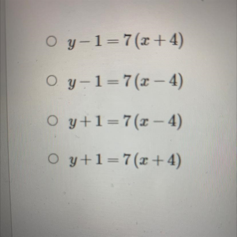 Which answer is an equation in point-slope form for the given point and slope? Point-example-1