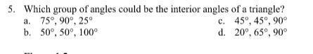 Which group of angles could be the interior angles of a triangle?-example-1