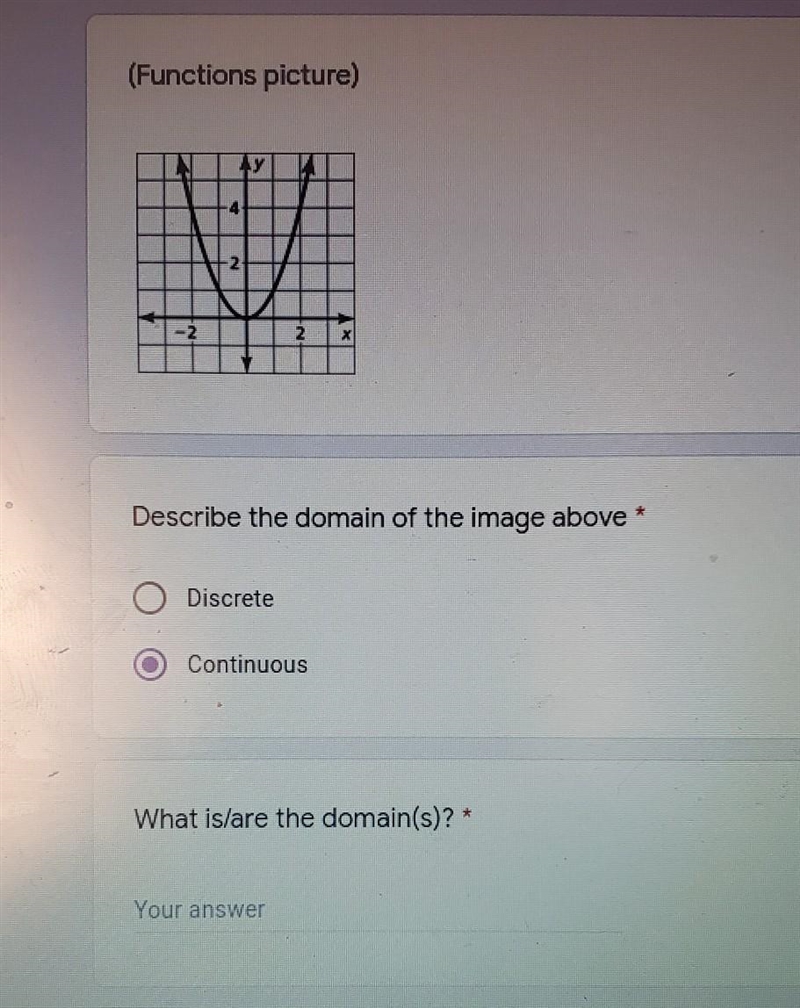 Is the graph above discrete or continuous?What are the domains of the graph?-example-1