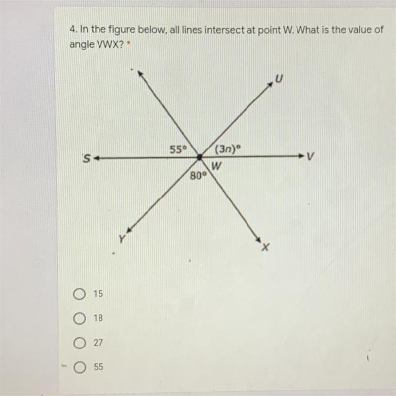 In the figure below all lines intersect at point W what is the value of angle VWX-example-1