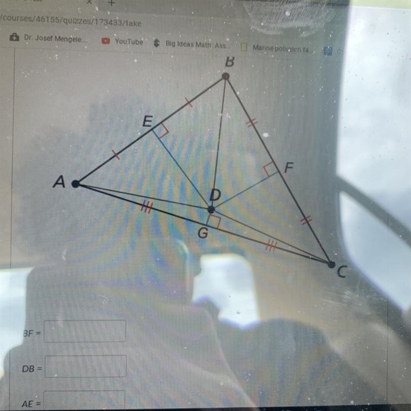 Point D is the circumvented. AB= 42 DC= 29DF= 16FC =28AG= 33-example-1