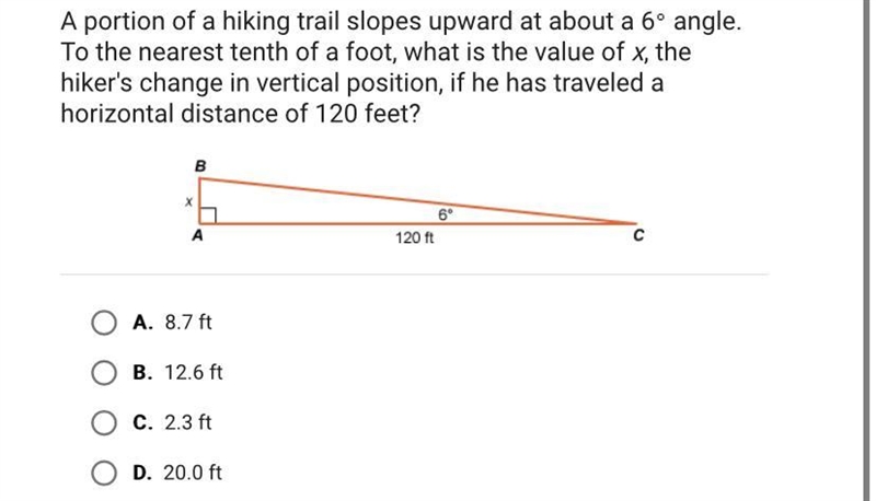 A portion of a hiking trail slopes upward at about a 6° angle.To the nearest tenth-example-1