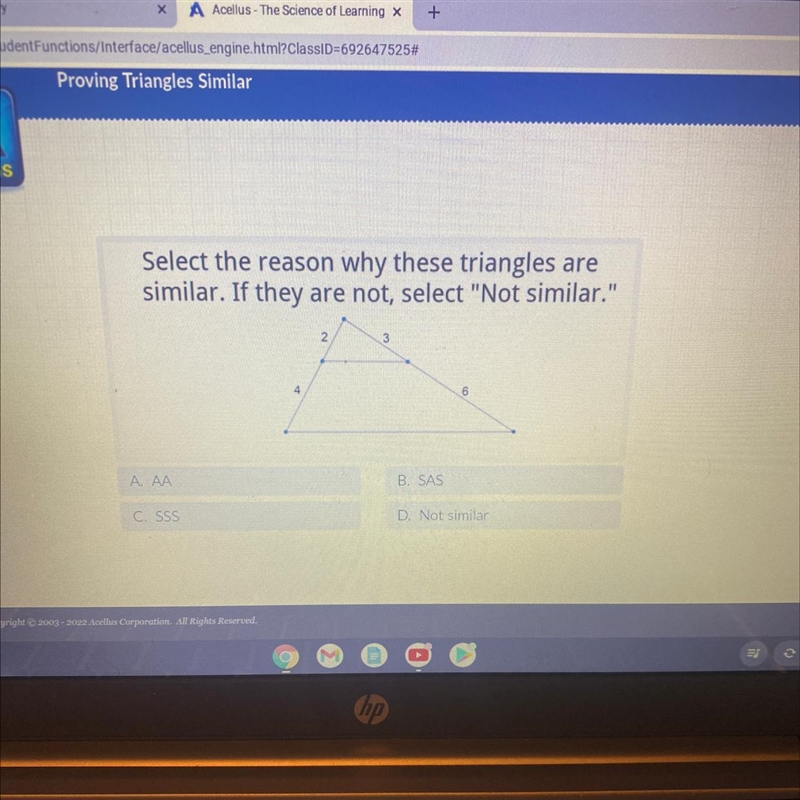 Select the reason why these triangles are similar. If they are not, select "Not-example-1