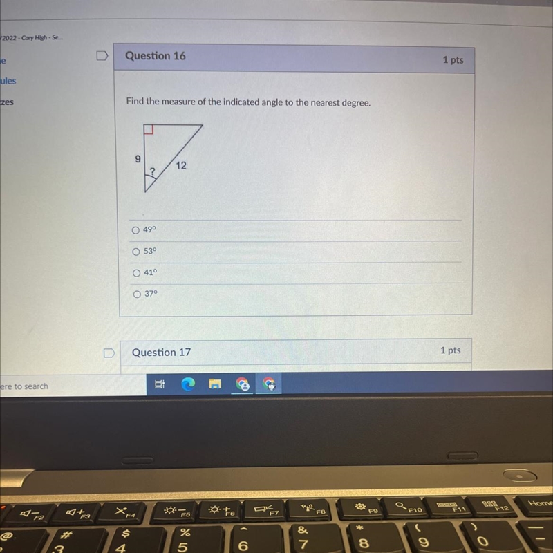 Find the measure of the indicated angle to the nearest degree. 7 9 12 ? 49⁰ O53⁰ 41° 37⁰-example-1