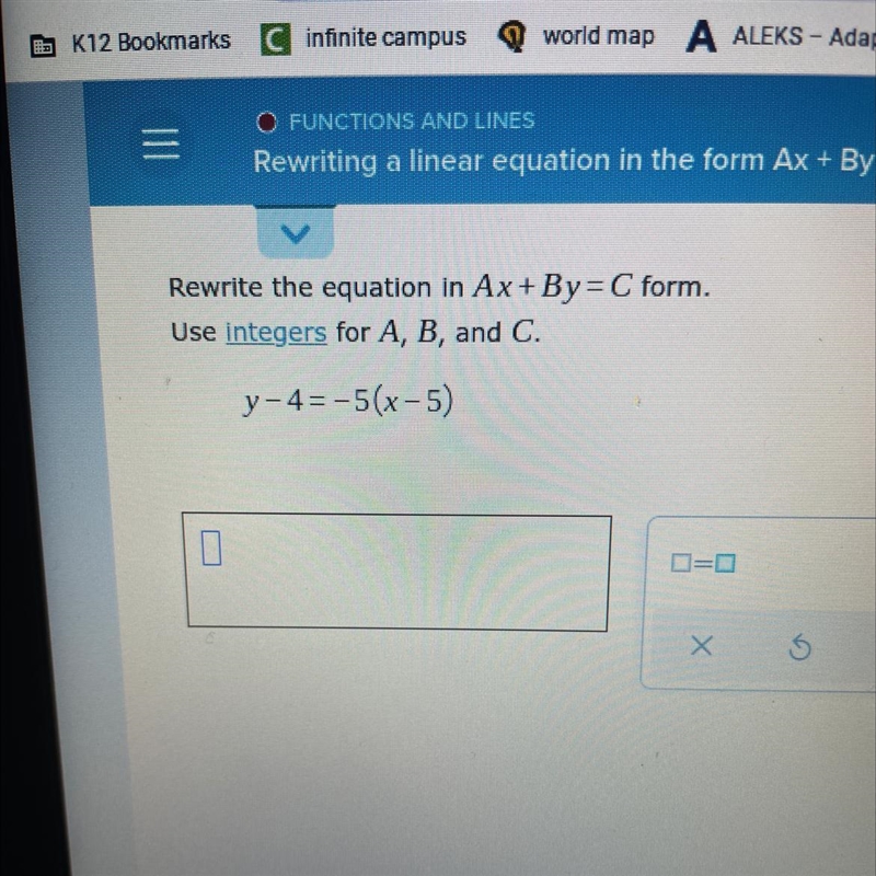 Rewrite the equation in Ax+By=C form. Use integers for A, B, and C. y-4=-5(x-5)-example-1