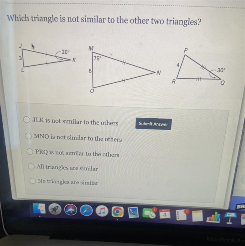 Which triangle is not similar to the other two triangles?-example-1