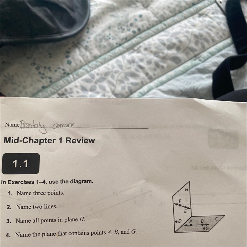 1.ñame there points 2 ñame two lines 3 name all points in plane H 4 name the plane-example-1