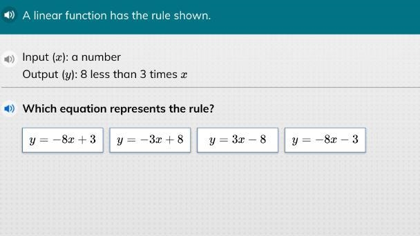 A linear function has the rule shown input: a number output: 8 less than 3 times x-example-1