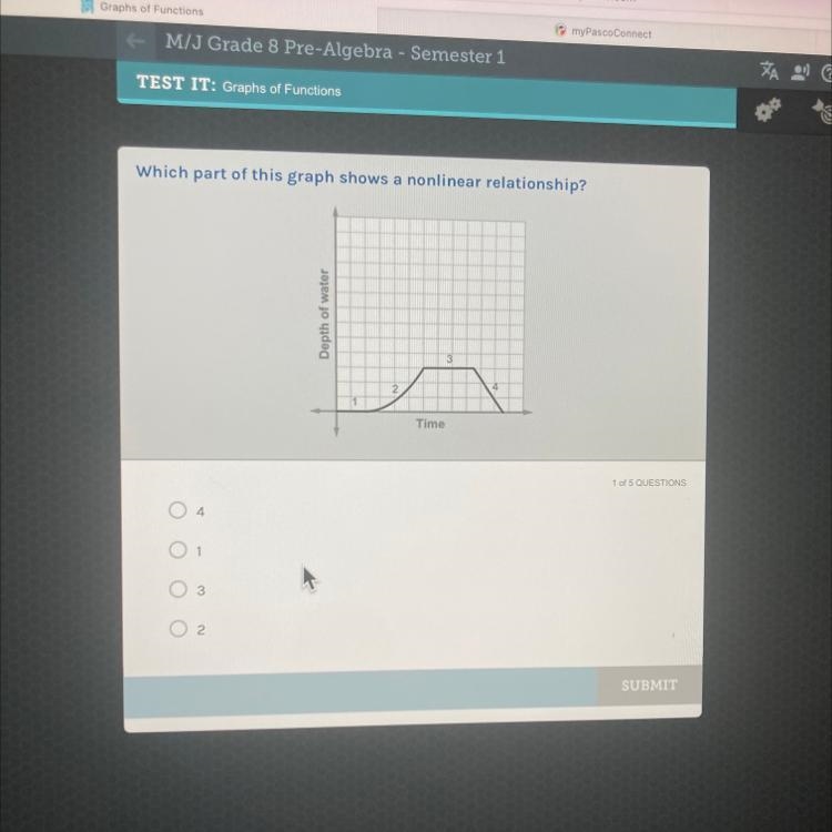 Which part of this graph shows a nonlinear relationship? 1. 4 2. 1 3. 3 4. 2-example-1