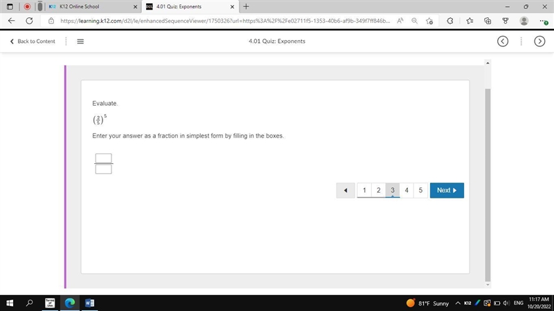 Help PLEASEE Evaluate. (2/5)^5 Enter your answer as a fraction in simplest form by-example-1