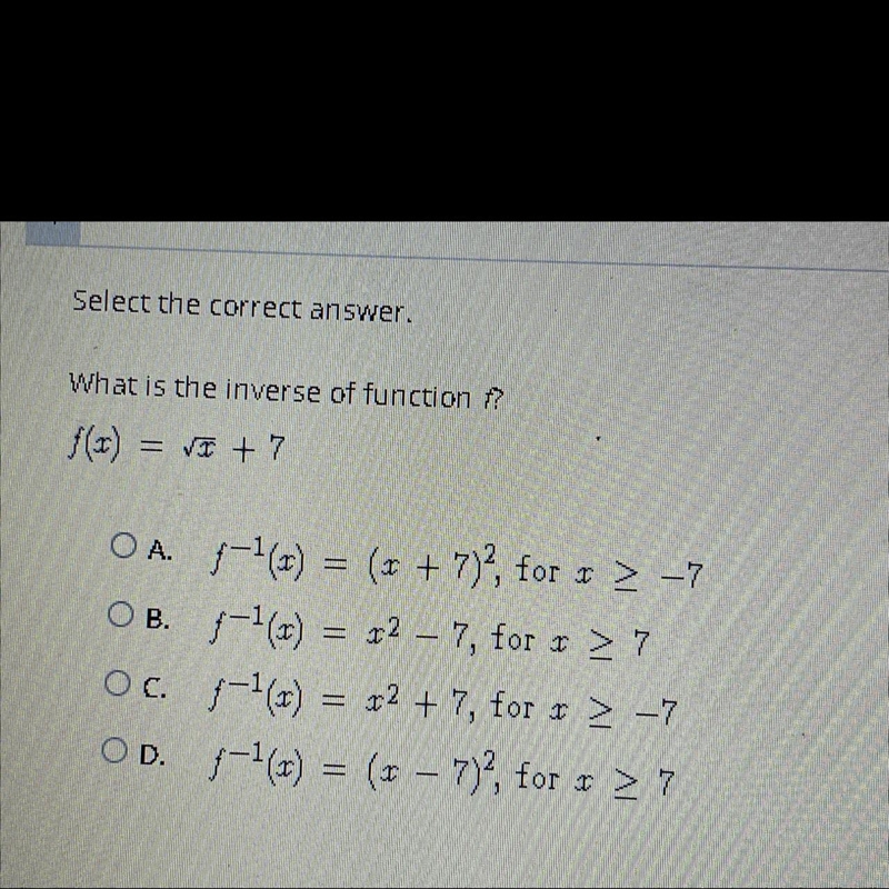 Select the correct answerWhat is the inverse of function f?-example-1