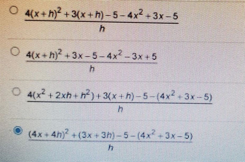 If f (x) = 4x² + 3x - 5, then f(x+h)-f(x)/ h is equal to which of the following?​ ​-example-1