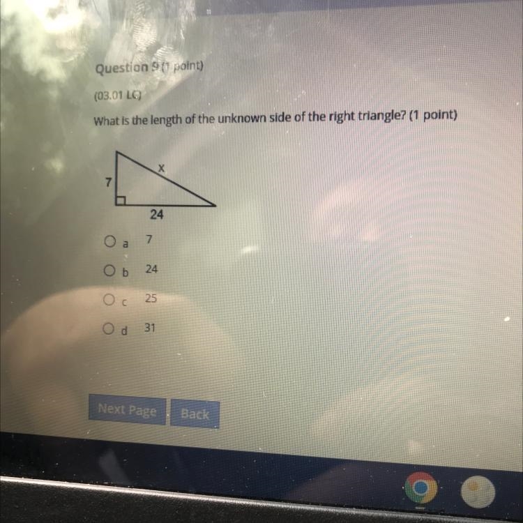 Question 9 (1 point) (03.01 LC) What is the length of the unknown side of the right-example-1