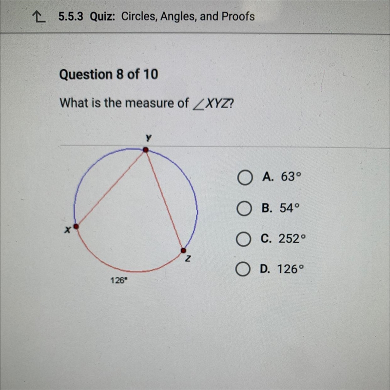 PLS HELP!! What is the measure of ZXYZ? A. 63° B. 54° C. 252° D. 126°-example-1