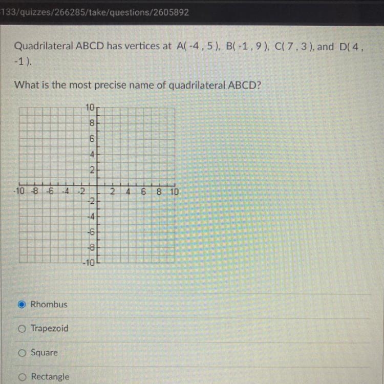 Quadrilateral ABCD has vertices at A(-4,5) B(-1,9) C(7,3) and D(4,-1). What is the-example-1